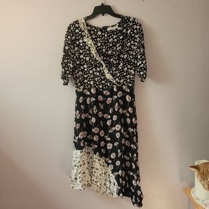 Floral Black and White Faux Wrap Dress